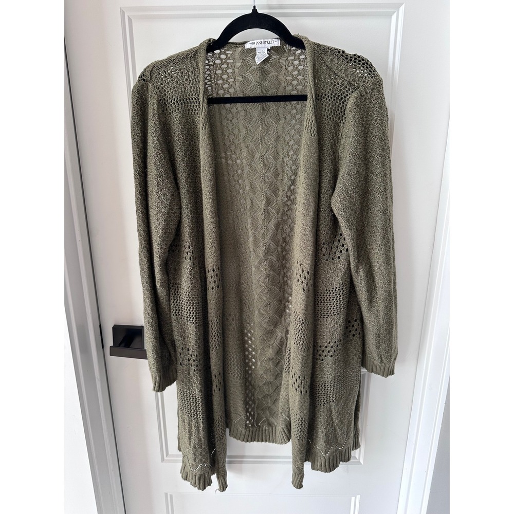 99 Jane Street Open Front Pointelle Knit Cardigan Olive Green Large Fall